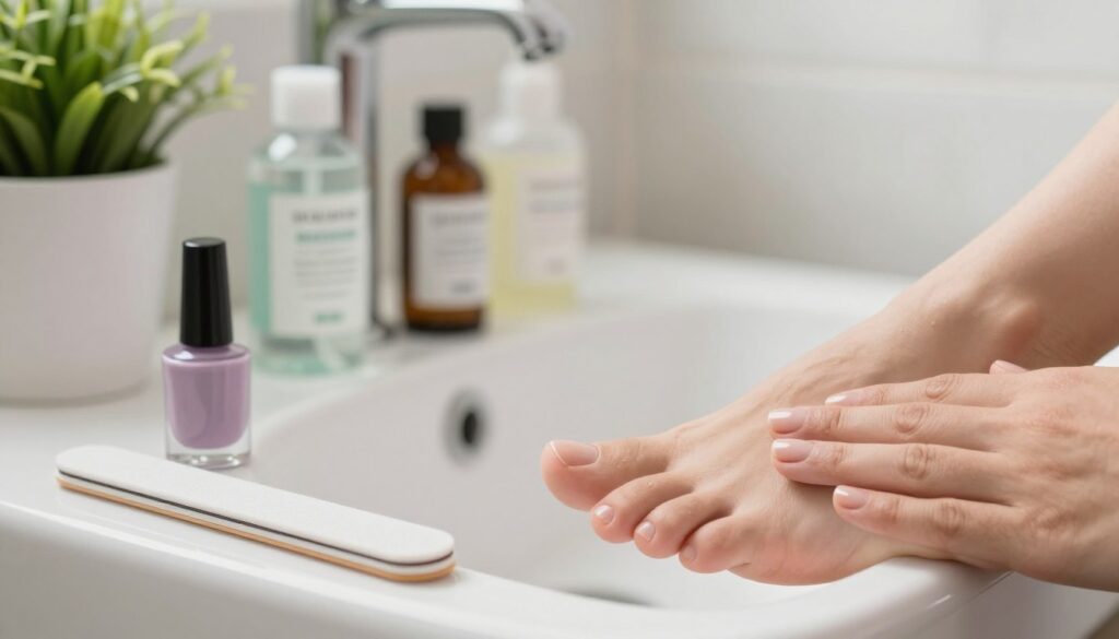 A close-up view of healthy nails in a well-lit bathroom setting, emphasizing proper nail care and hygiene to prevent nail fungus. In the foreground, a pair of neatly trimmed and polished toenails, alongside a bottle of antifungal nail polish and a foot file. The middle layer features a sink adorned with natural cleaning products, like tea tree oil and vinegar, showcasing preventive measures against infections. The background presents soft, calming colors, perhaps with a potted plant to symbolize health and vitality. The lighting is bright and inviting, creating a hygienic and fresh atmosphere. The overall mood conveys care, prevention, and well-being, focusing on achieving and maintaining healthy nails.