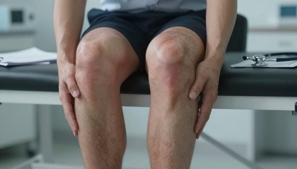 A close-up view of human legs from the knees down, emphasizing the veins and musculature to illustrate poor circulation. The subject is positioned in a relaxed manner, wearing professional business attire, and the skin shows subtle signs of discoloration and swelling to convey discomfort. In the foreground, a soft light highlights the legs, creating a contrast against a blurred background of a clinical examination room with medical equipment, like a stethoscope and charts. The overall atmosphere is serious and informative, with cool tones to evoke a sense of professionalism and concern. The image captures the essence of circulatory and nervous system issues without any text or distractions.