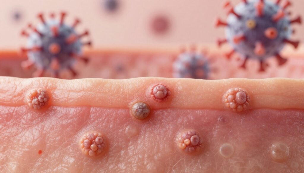 A close-up view of human skin showing various types of warts caused by the human papillomavirus (HPV). In the foreground, detail the texture and appearance of the warts, illustrating their irregular shapes and colors. The middle layer features a subtle gradient that transitions into healthy skin tones, highlighting the contrast. In the background, softly blurred medical illustrations of HPV virus particles and their involvement in skin changes create context. Soft, natural lighting illuminates the scene, emphasizing the skin's details while keeping the overall mood clinical yet informative. Use a macro lens effect to provide an intimate look at the skin's surface, focusing on clarity and educational value, ensuring no people are depicted.