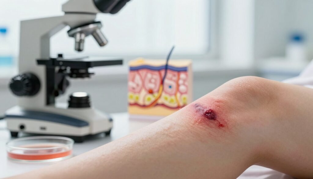 A close-up view of the healing process of skin after an injury, showcasing a richly textured scar fading from red to lighter shades. In the foreground, there are scientific instruments like a microscope and a petri dish, symbolizing the study of skin regeneration. The middle ground features a detailed diagram of skin layers, illustrating key factors in the healing process, such as collagen and elastin fibers. The background is softly lit, evoking a clean and sterile medical environment with gentle, natural light filtering through a window. The overall mood is calm and clinical, emphasizing the importance of understanding skin healing stages for effective care. Use a shallow depth of field to focus on the healing skin and instruments, creating a professional and informative atmosphere.