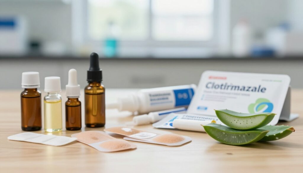 A close-up view of various active ingredients used in antifungal treatments for nail infections. In the foreground, display a variety of ingredients such as tea tree oil, clotrimazole, and aloe vera, arranged artistically on a wooden table, with essential oils in small glass bottles. In the middle ground, softly blurred images of over-the-counter antifungal patches and ointments scattered around, emphasizing their packaging and helpful graphics. The background features a well-lit laboratory setting with soft natural light filtering through a window, creating a calm, clinical atmosphere. The overall mood is informative and focused, promoting a sense of trust and efficacy in addressing nail infections. No text or watermarks.