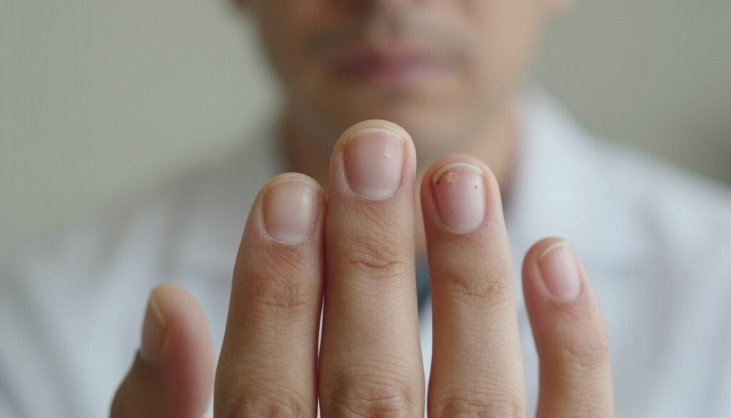 A close-up visual of a hand displaying fingernails affected by onychomycosis, commonly known as nail fungus. The foreground should focus on the nails, showcasing discolored, brittled, and irregular shapes, emphasizing the unhealthy texture and appearance. In the middle ground, softly blurred, a neutral-toned background that suggests a clinical or medical environment, enhancing the seriousness of the condition. Natural lighting illuminates the hand, highlighting the contrast between a healthy nail and a fungal infection. Capture the mood of concern and professionalism, avoiding any hint of aesthetic appeal for nails. The hand should be in a relaxed, neutral position, wearing minimal, professional attire to convey the clinical nature of the subject without distraction.