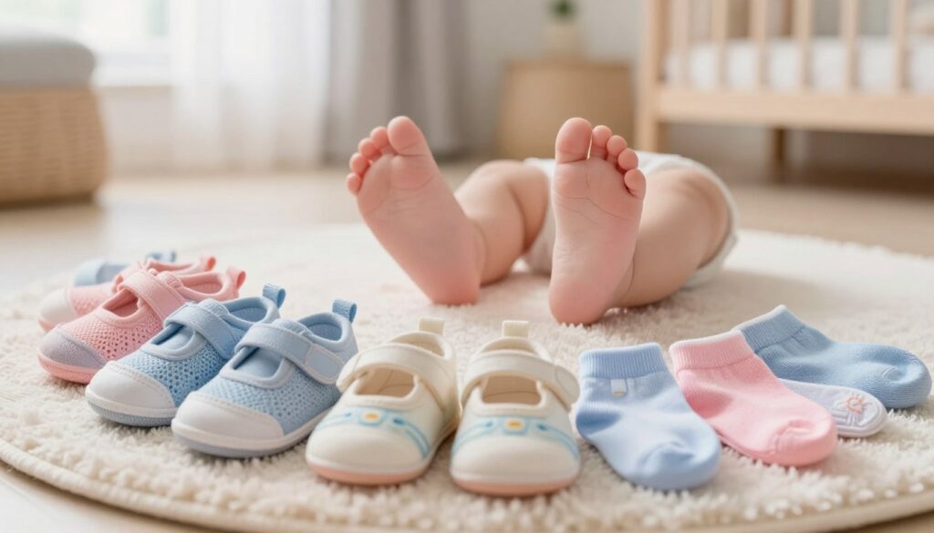 A cozy and inviting image focusing on the selection of footwear and socks designed for healthy foot development, specifically for infants. In the foreground, display a variety of colorful, soft baby shoes and matching socks arranged neatly, highlighting their breathable materials and ergonomic designs. In the middle, include a pair of small, chubby baby feet softly resting on a plush rug, emphasizing comfort and support. The background should be a softly lit room with gentle pastel colors, hinting at a nursery ambiance, while natural light filters through a window, creating a warm and nurturing atmosphere. The composition should evoke feelings of care and attentiveness towards infant foot health. A cozy and inviting image focusing on the selection of footwear and socks designed for healthy foot development, specifically for infants. In the foreground, display a variety of colorful, soft baby shoes and matching socks arranged neatly, highlighting their breathable materials and ergonomic designs. In the middle, include a pair of small, chubby baby feet softly resting on a plush rug, emphasizing comfort and support. The background should be a softly lit room with gentle pastel colors, hinting at a nursery ambiance, while natural light filters through a window, creating a warm and nurturing atmosphere. The composition should evoke feelings of care and attentiveness towards infant foot health.
