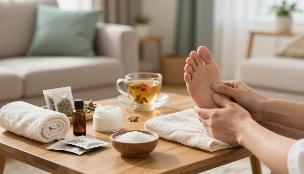 A cozy home environment focused on remedies for foot pain relief. In the foreground, a pair of hands gently massaging a person's foot, emphasizing an array of natural remedies such as essential oils, warm towels, and a small bowl of Epsom salt. In the middle, a wooden table cluttered with herbal packets, a soothing cream, and a glass of herbal tea, creating a sense of comfort and care. The background features a softly lit living room with calming colors, such as warm beige and soft greens, adding to the serene atmosphere. Light streaming in through a window, casting gentle shadows and highlighting the details of the scene. The overall mood should evoke a sense of relaxation and healing.