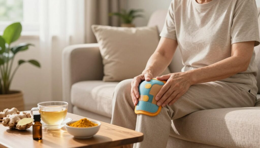 A cozy home setting designed for knee pain relief, featuring a middle-aged person seated comfortably on a couch in modest casual wear, gently massaging their knee with a warm compress. In the foreground, a small wooden table displays natural remedies like ginger tea, a bowl of turmeric, and essential oils, emphasizing holistic healing. Soft sunlight filters through a nearby window, creating a warm and inviting atmosphere. The background showcases indoor plants and a peaceful ambiance, with soothing colors and textures that convey relaxation and comfort. The composition focuses on self-care and the nurturing aspect of home remedies for knee discomfort, suggesting calmness and relief.