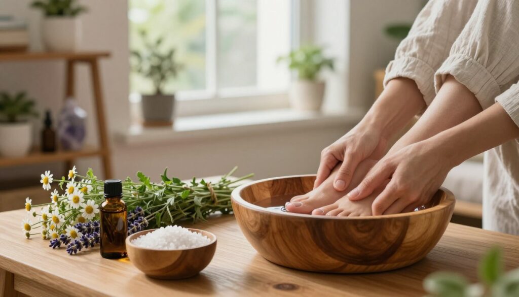 A cozy home setting showcasing natural remedies for ingrown toenails. In the foreground, a wooden table with a small bowl of Epsom salt and a bottle of tea tree oil surrounded by fresh herbs like chamomile and lavender. A pair of hands in modest casual clothing gently soaking a foot in a wooden basin filled with warm water. In the middle, a well-lit window allowing soft, natural light to illuminate the scene, creating a calm and soothing atmosphere. The background features a warm, inviting room with plants and healing crystals on a nearby shelf, enhancing the feeling of home-based care. The overall mood is tranquil and nurturing, embodying self-care.