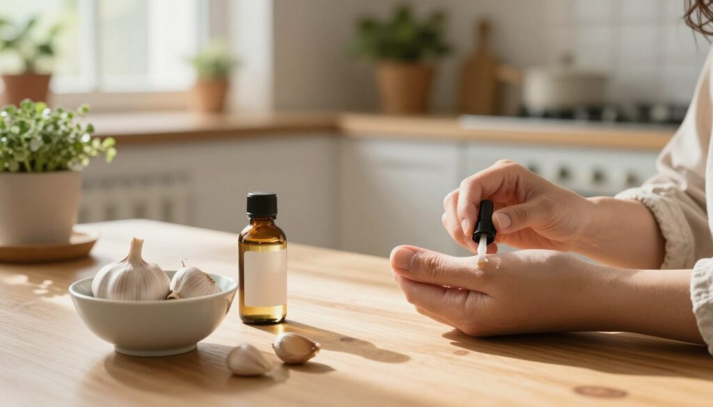 A cozy home setting with a wooden table prominently displaying various natural remedies for nail fungus treatment. In the foreground, focus on a bowl of garlic cloves and a small jar of apple cider vinegar, symbolizing common home treatments. To the side, a pair of hands in light, modest clothing, gently applying a natural remedy to a visibly affected toenail, conveying the concept of home care. In the middle ground, a warm-lit kitchen with potted plants and herbs in soft focus, enhancing the homey atmosphere. The background features an inviting space with sunlight streaming in through a window, casting soft shadows, creating a calm and reflective mood, highlighting the struggle and common disappointments of at-home treatments for nail fungus.