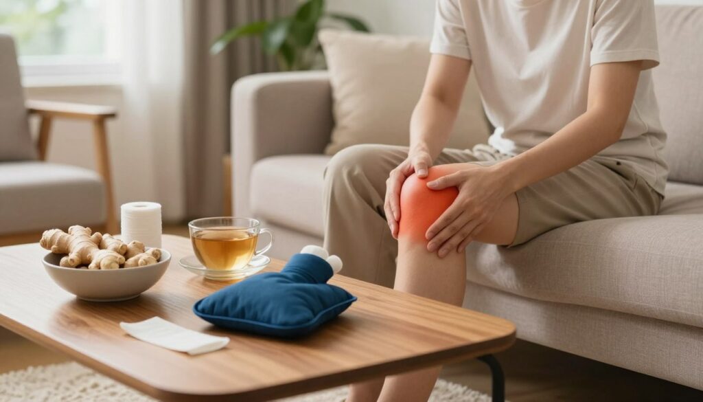 A cozy living room scene focused on natural remedies for knee pain. In the foreground, a wooden coffee table displays an array of items: a heating pad, a bowl of fresh ginger, a cup of herbal tea, and a roll of elastic bandage. The middle ground features a person, dressed in modest casual clothing, gently applying a warm compress to their knee while sitting on a comfortable couch. In the background, soft natural lighting enters through a window, illuminating houseplants and a soft rug, creating a warm and inviting atmosphere. The overall mood conveys a sense of relief and comfort, suggesting a peaceful home environment that promotes healing.