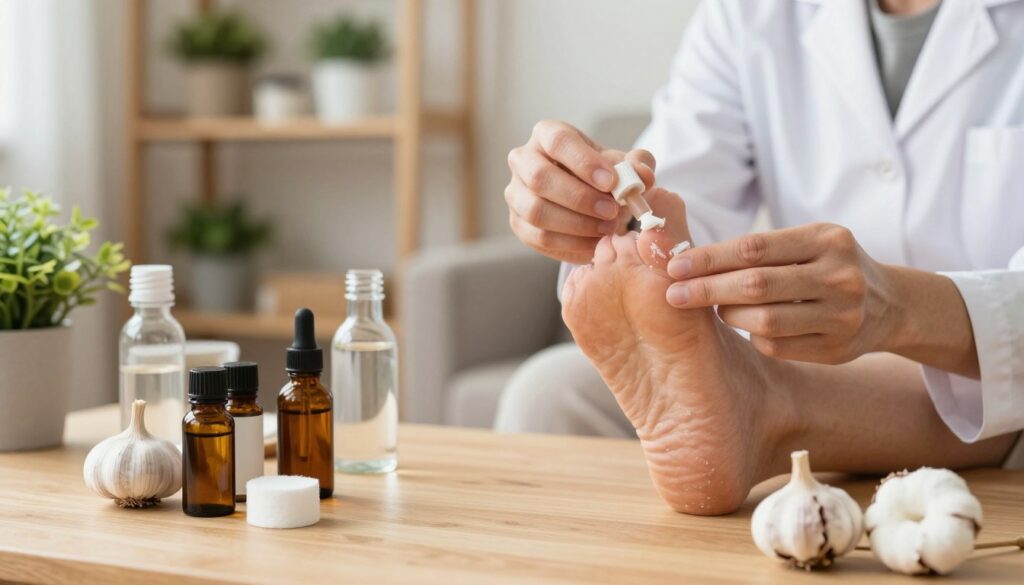 A cozy, well-lit home setting showcasing a variety of home treatment methods for toenail fungus. In the foreground, a wooden table is adorned with natural remedies, such as tea tree oil, garlic, and apple cider vinegar, alongside cotton balls and a small bowl. In the middle ground, a pair of hands in professional attire gently applying a topical treatment to a foot, with the focus on a single infected toenail. The background features a softly blurred shelf filled with herbal remedies and plants, creating a calming atmosphere. The scene is illuminated with warm, natural light, and captured from a slightly elevated angle to emphasize the treatment process. The overall mood is one of care, health, and home wellness.