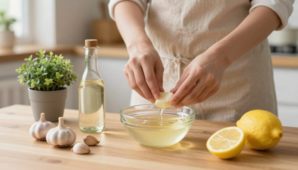 A cozy, well-lit kitchen scene focused on natural remedies for wart removal. In the foreground, a wooden table is adorned with fresh garlic cloves, a bowl of apple cider vinegar, and sliced lemons, symbolizing home remedies. In the middle, a pair of hands, wearing a subtle apron, carefully prepares a mixture from these natural ingredients. There’s a small potted plant in the background, adding a touch of greenery. The overall lighting is warm and inviting, with soft, diffused sunlight filtering through a nearby window. The atmosphere is calm and nurturing, conveying a sense of empowerment and simplicity in addressing common skin issues. The composition captures the essence of DIY health solutions in a homey setting.