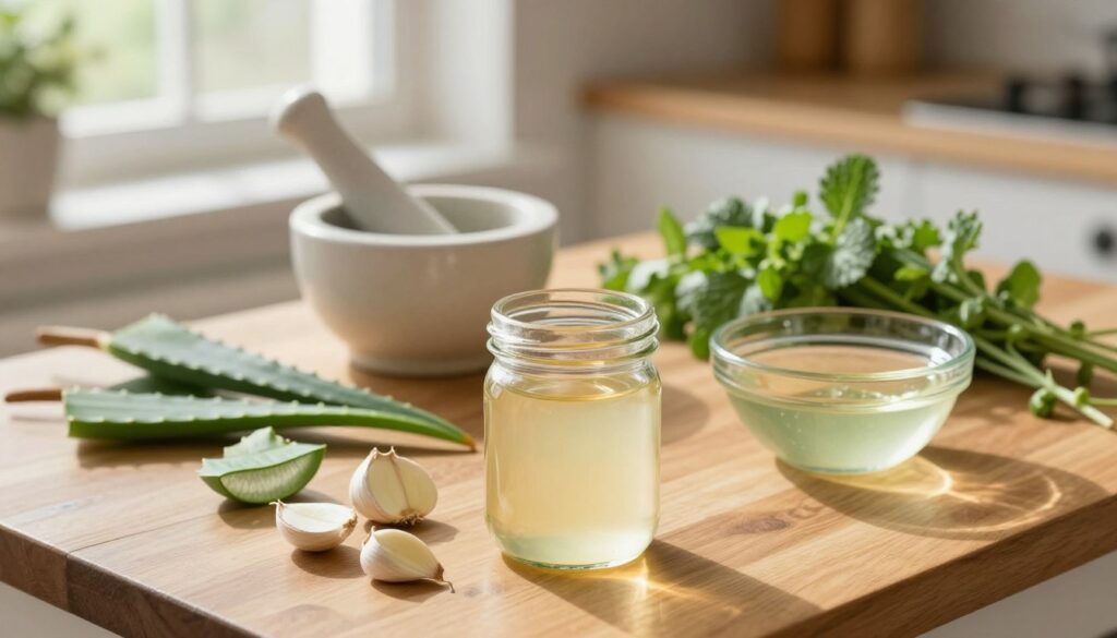 A cozy, well-lit kitchen scene focused on natural remedies for warts, emphasizing a wooden table adorned with various ingredients like sliced garlic, fresh aloe vera, and a bowl of apple cider vinegar. In the foreground, a delicate glass jar filled with a yellowish solution catches the light. The middle features a mortar and pestle, with fresh herbs scattered around. In the background, sunlight filters through a window, creating a warm and inviting atmosphere. The ambiance is serene, with soft shadows highlighting the textures of the wooden table and the vibrant green of the herbs. The image captures a sense of hope and healing, suitable for a homely and informative context. A cozy, well-lit kitchen scene focused on natural remedies for warts, emphasizing a wooden table adorned with various ingredients like sliced garlic, fresh aloe vera, and a bowl of apple cider vinegar. In the foreground, a delicate glass jar filled with a yellowish solution catches the light. The middle features a mortar and pestle, with fresh herbs scattered around. In the background, sunlight filters through a window, creating a warm and inviting atmosphere. The ambiance is serene, with soft shadows highlighting the textures of the wooden table and the vibrant green of the herbs. The image captures a sense of hope and healing, suitable for a homely and informative context.