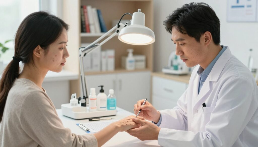 A dermatologist's office setting, with a professional and calming atmosphere. In the foreground, a dermatologist in a white coat examining a patient's hand with visible warts under a bright, focused lamp. The patient, dressed in a modest, casual outfit, appears attentive and concerned. In the middle ground, a well-organized examination table with dermatological tools neatly arranged, along with a medical chart visible nearby. The background features shelves with medical books and skincare products, softly illuminated by natural light coming through a window, contributing to a reassuring environment. The overall mood is one of professionalism and care, evocative of a consultation dedicated to effective wart removal and prevention methods.