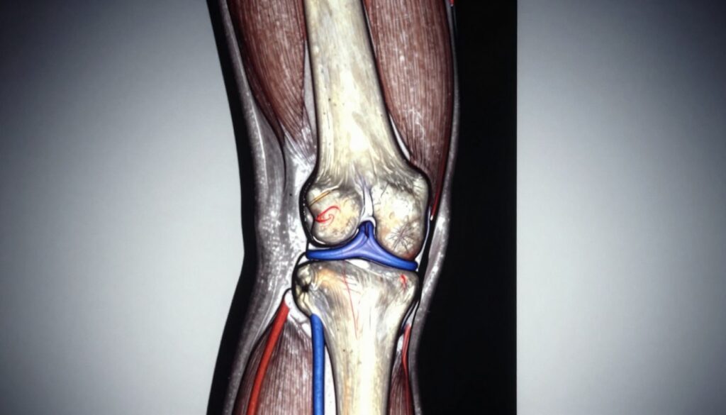 A detailed MRI image of a human knee joint, showcasing the intricacies of the anatomy. In the foreground, focus on the knee's soft tissues, ligaments, and surrounding muscles, rendered in vibrant colors to highlight various structures. The middle layer should depict the bone structure clearly, using a cross-sectional view that reveals the femur, tibia, and patella with precise detail. The background should be a soft gradient to suggest depth, devoid of distractions, enhancing the clarity of the anatomical features. Use bright, clinical lighting to illuminate the MRI image, with a slight shadow to create a three-dimensional feel. The overall mood should be informative and professional, suitable for medical educational purposes.