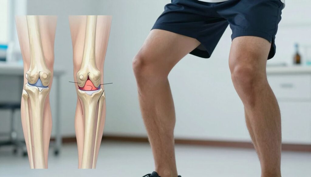 A detailed anatomical diagram of a human knee joint emphasizing the distinction between a sprain and a dislocation. In the foreground, a clear, labeled illustration of the knee, highlighting the ligaments and surrounding tissues affected by these injuries. The middle ground features a pair of human legs in professional sports attire, demonstrating a dynamic stance, with one knee slightly bent to showcase the anatomy. The background should be a neutral scientific environment, perhaps resembling a medical study space, with soft lighting to create an informative yet calm atmosphere. The angle should emphasize the knee from a slightly elevated perspective, ensuring clear visibility of the anatomical details. No text or overlays should be present in the image.