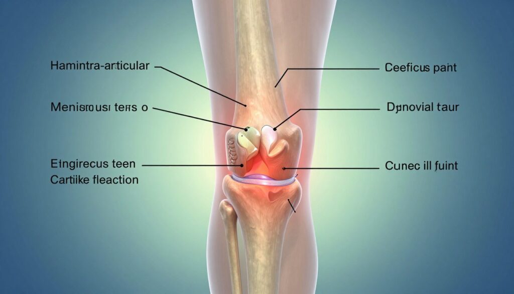 A detailed anatomical illustration focusing on the inner workings of the knee joint, depicting common intra-articular causes of knee pain. In the foreground, showcase a knee joint with clear, labeled diagrams of various structures including ligaments, cartilage, and synovial fluid. The middle layer should present a semi-transparent overlay showing inflammation and potential injuries, like meniscus tears or cartilage degeneration. The background should feature a gradient of soft blues and greens to convey a clinical and soothing atmosphere. Lighting should highlight the knee joint from an overhead perspective, using a soft, focused beam to enhance details without harsh shadows, creating a professional and educational feel suitable for a medical article.