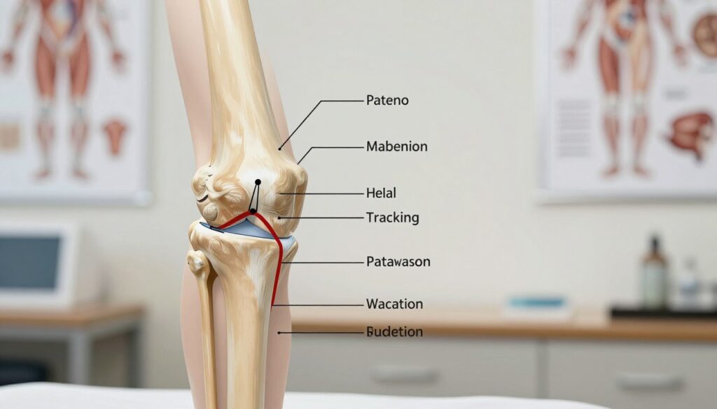 A detailed anatomical illustration focusing on the knee joint, emphasizing the patellar tracking mechanism. In the foreground, a stylized representation of a knee joint, showcasing the patella, femur, and tibia with labels indicating their names. The middle layer features a clear diagram of the patellar ligaments, muscles, and the trajectory of the patella as it moves during knee flexion and extension. The background should be a soft, blurred medical office setting, with anatomical charts on the walls. Use natural, soft lighting to create an informative and educational atmosphere, capturing a sense of professionalism. The angle should be slightly elevated to give a comprehensive view of the knee joint mechanics, making it suitable for an academic or medical context.