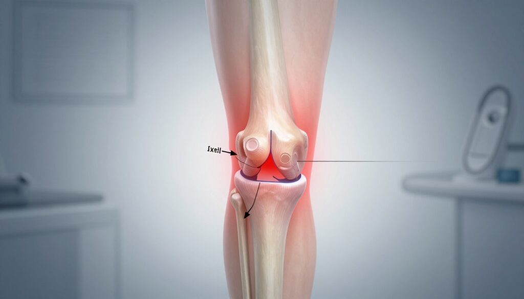 A detailed anatomical illustration focusing on the knee joint, showcasing various mechanical injury mechanisms and intra-articular structures. The foreground features a clear, labeled diagram of the knee, displaying ligaments, cartilage, and meniscus, with arrows indicating potential injury mechanisms like twisting or impact. The middle layer shows an overlay of stress vectors and pain areas, highlighted in soft red tones. The background should be a subtle gradient representing a clinical environment, perhaps with faint, blurred elements like a medical chart or orthopedic tools. Soft, clinical lighting highlights the knee structures, creating a serious and informative mood. The perspective is slightly elevated, providing a comprehensive view while ensuring clarity of details.