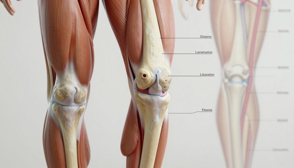 A detailed anatomical illustration of a human knee joint focusing on the lateralization of the patella. In the foreground, display a clear view of the knee from a slight angle, emphasizing the patella and its alignment with the femur and tibia. The middle section should show the surrounding muscles and ligaments, with labels for anatomical accuracy. The background can feature a subtle, blurred medical diagram of the knee's motion pathways to give context. Use soft, diffused lighting to enhance the details, and create a clinical atmosphere that conveys professionalism. Aim for a realistic representation that serves as an educational tool, with no distractions or overlays. A detailed anatomical illustration of a human knee joint focusing on the lateralization of the patella. In the foreground, display a clear view of the knee from a slight angle, emphasizing the patella and its alignment with the femur and tibia. The middle section should show the surrounding muscles and ligaments, with labels for anatomical accuracy. The background can feature a subtle, blurred medical diagram of the knee's motion pathways to give context. Use soft, diffused lighting to enhance the details, and create a clinical atmosphere that conveys professionalism. Aim for a realistic representation that serves as an educational tool, with no distractions or overlays.