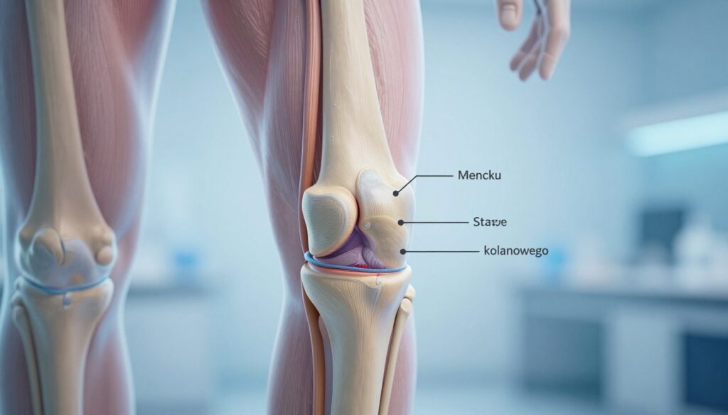 A detailed anatomical illustration of a human knee joint focusing on the meniscus (stawu kolanowego) in an educational style. In the foreground, prominently display a labeled cross-section of the knee, showing the meniscus with detailed textures and colors, emphasizing its shape and structure. The middle layer should capture tendons and ligaments connecting uniquely to the femur and tibia, depicted in an accurate anatomical representation. In the background, a soft gradient suggesting a clinical environment, with a subtle blue tone, creates a professional atmosphere. Soft lighting enhances the clarity of the structures, simulating a laboratory or medical setting, while a slight tilt angle provides depth to the composition. The mood conveys a focus on education and medical understanding, appropriate for a professional article on knee injuries.