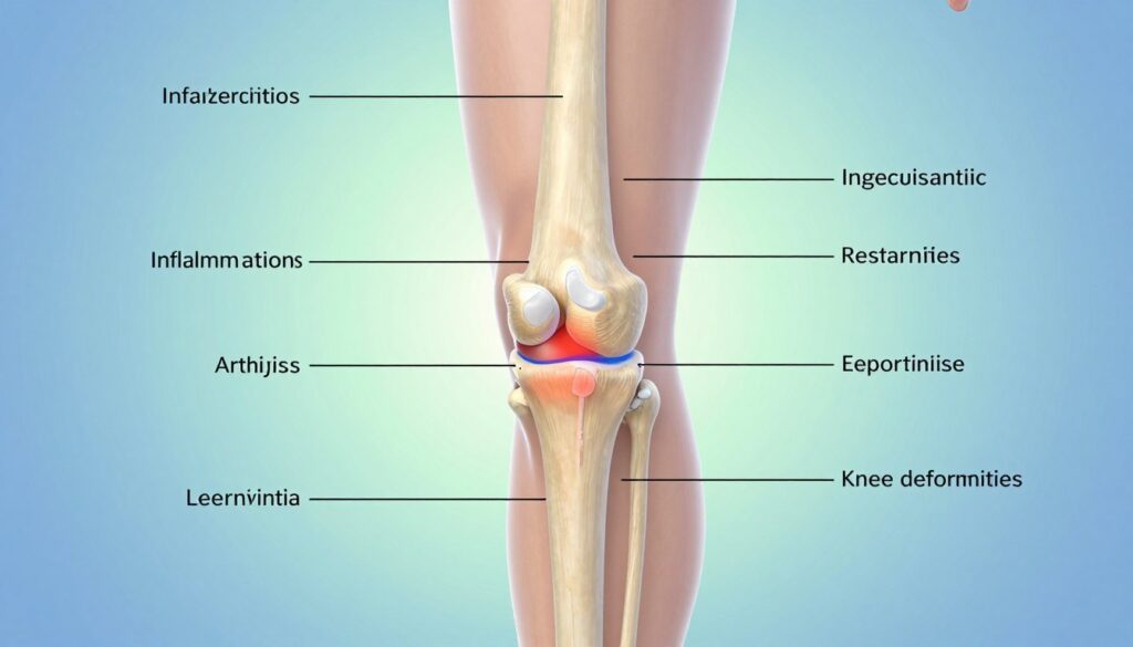 A detailed anatomical illustration of a human knee joint highlighting the causes of knee deformities. In the foreground, depict a well-defined knee joint with labels pointing to key components such as ligaments, cartilage, and bones affected by deformities. The middle layer should show subtle indications of inflammation and misalignment, illustrating common causes like arthritis, injury, or genetic factors. In the background, use a gradient of soft blues and greens to create a calming atmosphere, enhancing the focus on the knee joint. The lighting should be bright and even, simulating a clinical environment. Prefer a medium shot, capturing the knee from the side to emphasize the anatomical features clearly. Ensure the overall tone is professional and educational.