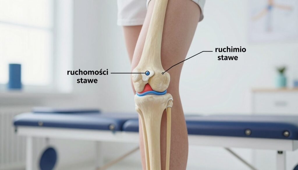 A detailed anatomical illustration of a human knee joint with an emphasis on the "ruchomości stawu" (joint mobility). In the foreground, clearly depict the knee joint from a slight lateral angle, showcasing its bones, ligaments, and cartilage in a healthy state. The middle layer includes graphic annotations highlighting areas of joint movement and flexibility. The background should be a soft-focus clinical setting, suggesting a physical therapy room with subtle medical equipment. Use bright, clear lighting to enhance the anatomical details, creating an educational and professional atmosphere. The mood should be informative and supportive, aiming to convey a sense of recovery and rehabilitation.