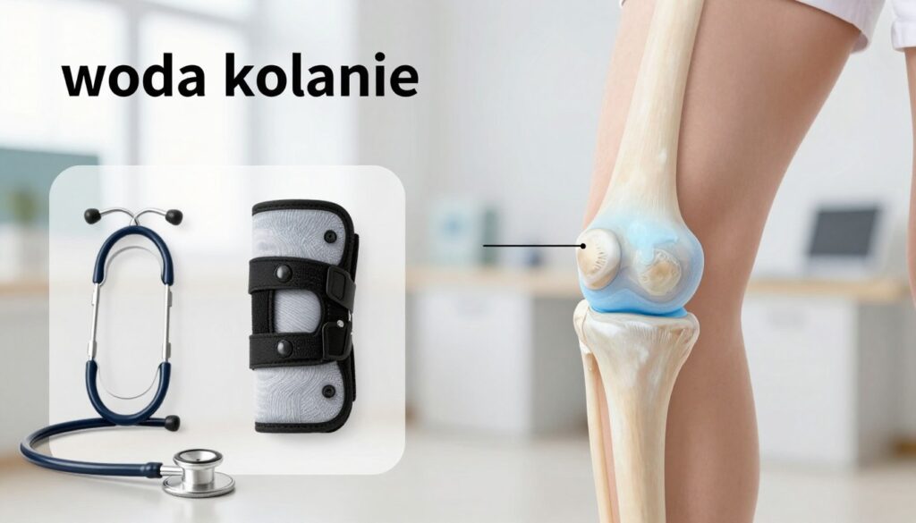 A detailed, anatomical illustration of a knee joint affected by excess fluid, depicting the condition known as "woda kolanie." In the foreground, focus on a well-articulated knee joint showcasing clear, labeled areas where swelling occurs, highlighting the synovial membrane and surrounding tissue with a soft blue hue to indicate fluid accumulation. In the middle ground, include a subtle overlay of diagnostic tools like a stethoscope and a knee brace to symbolize self-diagnosis, arranged neatly beside the knee joint. In the background, depict a blurred medical office setting with soft, diffused lighting to create an atmosphere of professionalism and attentiveness. Capture this scene with a slight top-down angle to emphasize the knee and its parts, evoking a sense of clinical clarity and focus on health awareness.