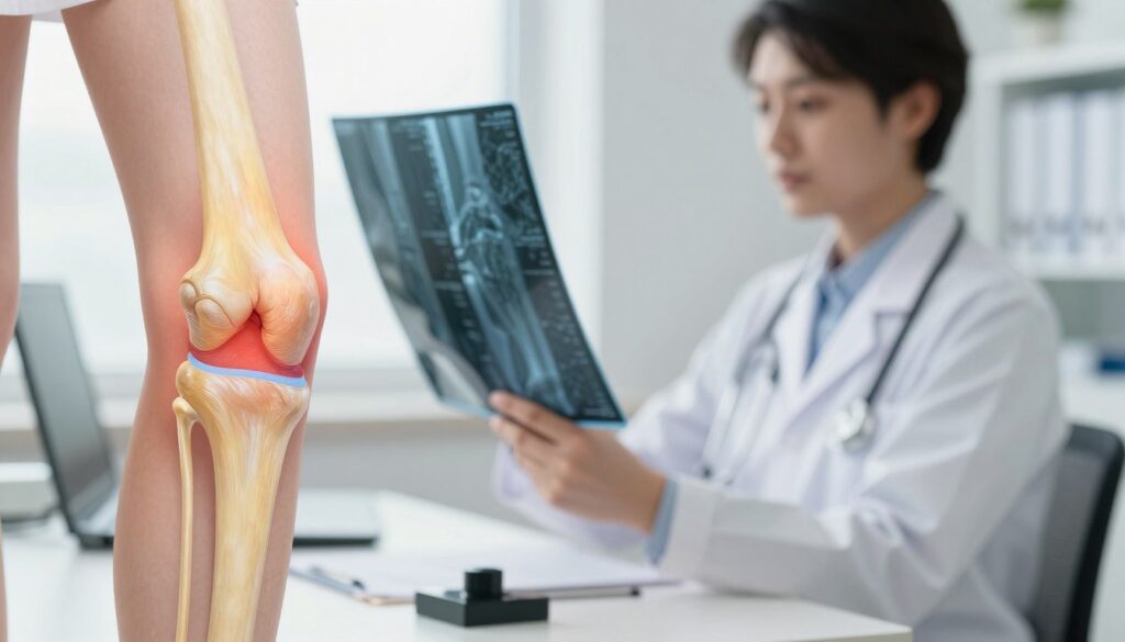 A detailed anatomical illustration of a knee joint affected by inflammatory arthritis, focusing on the stawu kolanowego. In the foreground, showcase a highly detailed, lifelike rendering of the knee joint, emphasizing inflamed tissues, swollen ligaments, and a bursa. The middle layer should include a subtle representation of a healthcare professional, dressed in a smart, professional outfit, examining an X-ray image or using a diagnostic tool, conveying a sense of expertise. The background should depict a professional medical office with soft, natural lighting, creating a calm, clinical atmosphere. The composition should be well-balanced, with clear, sharp focus on the knee joint and gentle blur on the background elements, emphasizing the importance of conservative treatment methods in addressing knee inflammation.