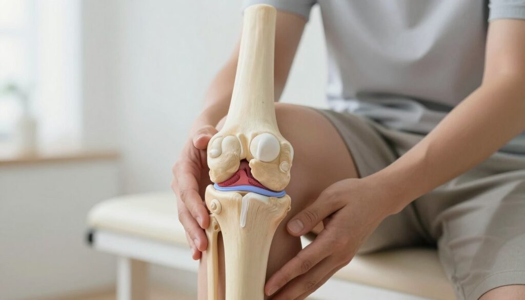 A detailed anatomical illustration of a knee joint, depicting the structure and components of the knee, including ligaments, cartilage, and bone. The foreground should highlight the knee joint in a cross-sectional view, showcasing the intricate details of the stawu kolanowego, with vibrant colors to emphasize healthy tissues. In the middle ground, a pair of hands gently support the knee, symbolizing care and maintenance, dressed in modest casual clothing. The background should be softly blurred to create an airy, clinical environment, suggesting a medical setting with light, neutral colors to evoke a sense of cleanliness and professionalism. Soft, natural lighting should illuminate the knee joint, enhancing details and textures, while conveying a calm and informative atmosphere conducive to health awareness.