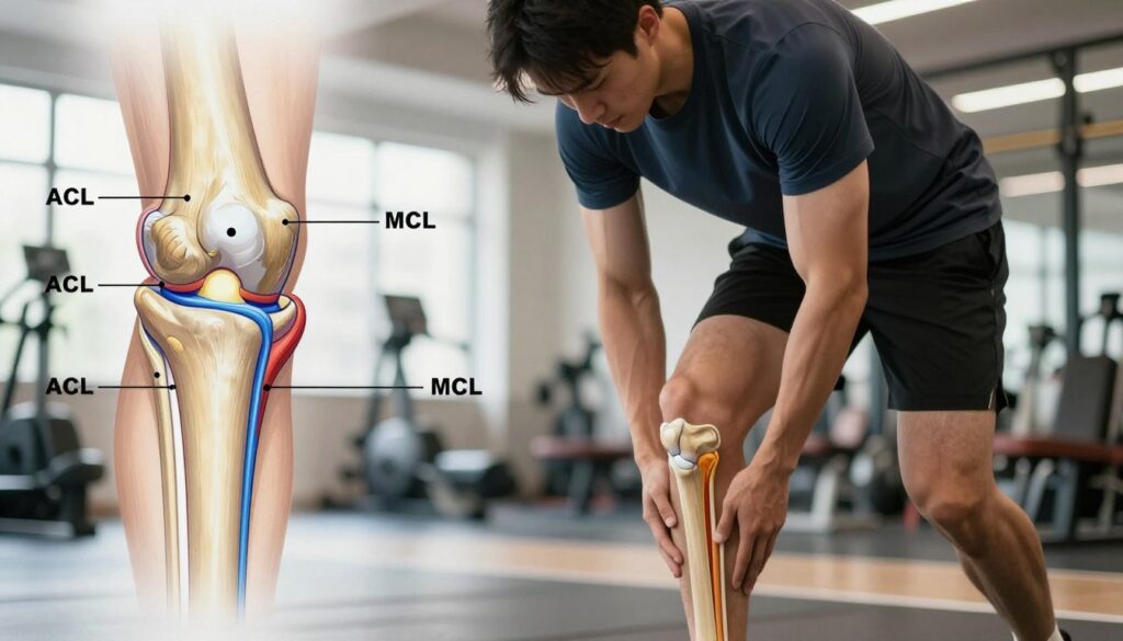 A detailed anatomical illustration of knee ligaments, specifically highlighting the ACL and MCL. The foreground should showcase a highly detailed, labeled diagram of the knee joint with the ligaments clearly visible and rendered in vibrant colors. In the middle ground, a cautious athlete in professional sports attire performs a gentle knee flexion, demonstrating the function of the ligaments, with subtle expressions of concentration. The background should be a blurred gym setting, filled with soft, diffused lighting to create an educational yet dynamic atmosphere. Ensure the angle emphasizes the knee's biomechanics. The overall mood should be informative and engaging, reflecting on the causes of knee injuries.