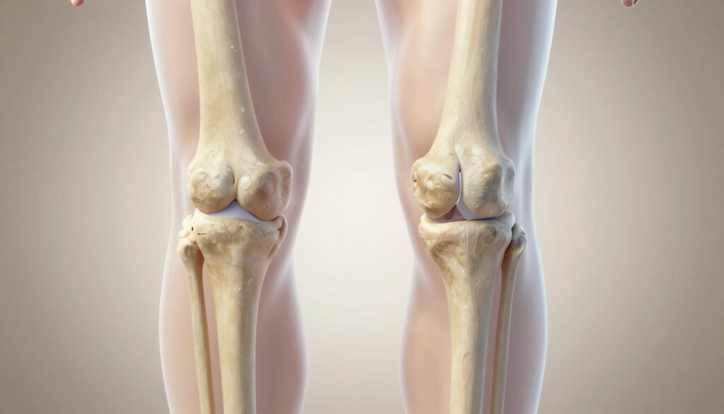 A detailed anatomical illustration of the human knee joint, showcasing the bony structures forming the knee. In the foreground, clearly depict the femur, tibia, and fibula in a realistic, three-dimensional view. Use a slightly angled perspective to highlight the joint's anatomy, focusing on the distinct characteristics of each bone. In the middle ground, visualize the patella (kneecap) positioned in the front, accentuating its role in the joint. The background should be a neutral, softly blurred gradient to emphasize the knee structures without distractions. Use bright, natural lighting to illuminate the bones, creating subtle shadows for depth. Aim for a clinical atmosphere that conveys precision and scientific accuracy, perfect for educational purposes.