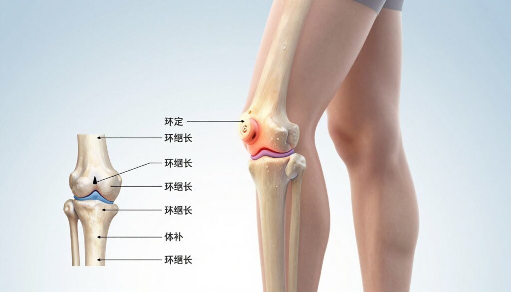 A detailed anatomical illustration of the knee joint, highlighting the internal structures, particularly the menisci, ligaments, and cartilage. In the foreground, an annotated diagram shows clear labels for each part, with arrows pointing to areas of potential injury. The middle layer features a semi-transparent overlay of a human knee in a natural, relaxed position, with realistic skin texture and tones. The background should be a soft gradient from light blue to white, suggesting a clinical atmosphere. Utilize soft, diffused lighting to emphasize the details of the joint structures. The angle should be slightly elevated to provide a comprehensive view of the knee from the front and side. The mood is educational and professional, aimed at illustrating common internal injuries related to the knee.