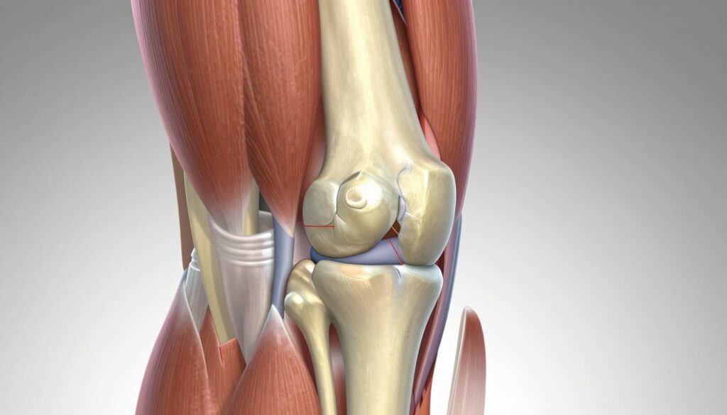 A detailed anatomical illustration of the knee joint highlighting the patellofemoral conflict, featuring a close-up view of the kneecap (patella) and femur interaction. In the foreground, emphasize the patella's position within its groove, showcasing the alignment and potential conflict with the femur. In the middle ground, depict the surrounding muscles and ligaments, colored in realistic tones for anatomical accuracy. The background should be a soft gradient to keep the focus clear, with subtle lighting that emphasizes the three-dimensionality of the knee. Use a slight upward angle to create a dynamic perspective, evoking a sense of depth and complexity. The overall mood should be clinical and informative, suitable for a medical article context, devoid of text or distractions. A detailed anatomical illustration of the knee joint highlighting the patellofemoral conflict, featuring a close-up view of the kneecap (patella) and femur interaction. In the foreground, emphasize the patella's position within its groove, showcasing the alignment and potential conflict with the femur. In the middle ground, depict the surrounding muscles and ligaments, colored in realistic tones for anatomical accuracy. The background should be a soft gradient to keep the focus clear, with subtle lighting that emphasizes the three-dimensionality of the knee. Use a slight upward angle to create a dynamic perspective, evoking a sense of depth and complexity. The overall mood should be clinical and informative, suitable for a medical article context, devoid of text or distractions.