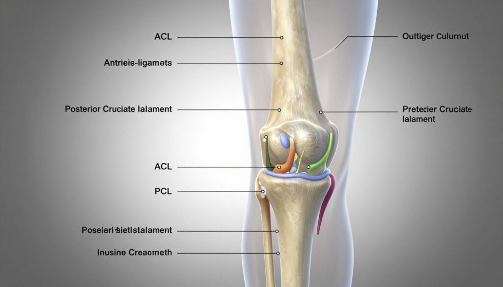 A detailed anatomical illustration of the knee joint ligaments, focusing on the cruciate and collateral ligaments. The foreground features a 3D model of the knee, highlighting the anterior cruciate ligament (ACL) and posterior cruciate ligament (PCL) in vibrant colors, showcasing their intricate structure and connections. The middle ground includes a transparent overlay of the femur, tibia, and fibula, with detailed labels for clarity. The background shows a subtle gradient, symbolizing stability and support, with soft, diffused lighting illuminating the ligaments to emphasize their importance. The angle is slightly above and to the side for a comprehensive view, creating an informative yet visually appealing atmosphere that conveys the vital role of ligaments in knee stability.