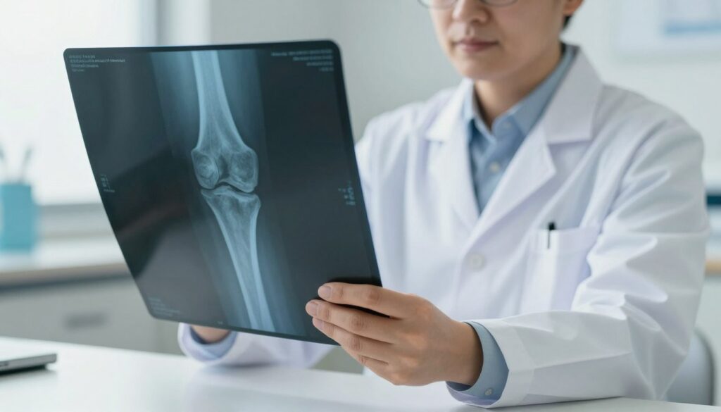 A detailed and educational depiction of an X-ray image of a human knee joint, focusing on the intricacies of the anatomy such as bones, cartilage, and ligaments. The foreground should prominently feature the knee X-ray in a clinical, bright setting, with soft, diffused lighting to enhance clarity and detail. The middle layer can include a doctor or medical professional in a white lab coat, examining the X-ray, exuding a sense of authority and care, while wearing modest casual clothing. The background should be a medical examination room, with equipment subtly blurred to emphasize the main subjects. The overall mood should be informative and professional, aiming to convey the importance of preparation for an X-ray examination without any distracting elements or text.