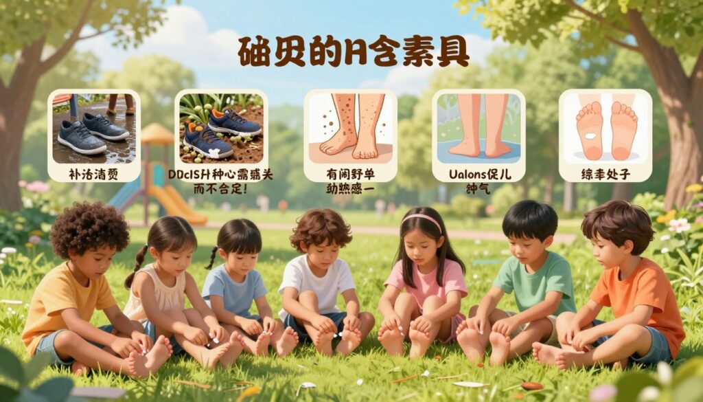 A detailed and informative illustration depicting the causes of toenail fungus in children. In the foreground, show a diverse group of children (ages 5-10) sitting on the grass, examining their feet with curiosity, dressed in casual clothing like shorts and t-shirts. In the middle, include visual elements representing common causes, such as damp shoes, a playground setting with visible fungi sources like wet surfaces or communal areas, and various parental advisories about foot hygiene. In the background, depict a bright, cheerful park environment with trees and sunshine, creating an inviting atmosphere. Use soft, natural lighting to highlight the children's expressions of curiosity and concern. Aim for a balanced composition that emphasizes awareness and education about nail fungus prevention, maintaining a safe and professional tone.