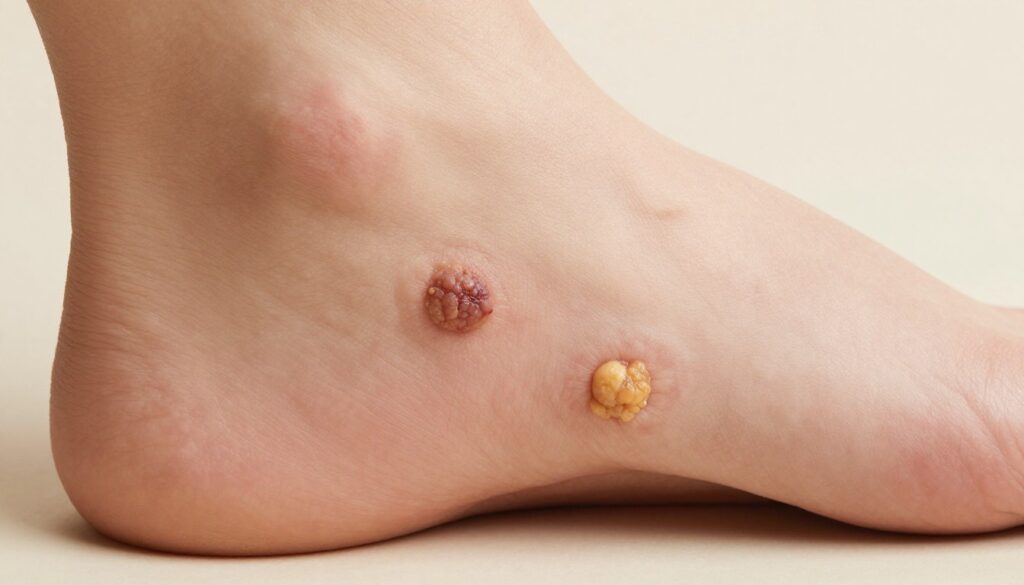 A detailed close-up of a human foot showcasing a plantar wart (kurzajka) beside a corn and other skin lesions for comparison. The foot is placed on a soft, neutral-toned background to emphasize the different growths. The wart appears as a rough, raised bump with a textured surface, surrounded by lighter and smoother skin, while the corn displays a hard, thickened area. Natural soft lighting highlights the textures, and the image is shot at a slightly elevated angle to create a sense of depth. The mood is clinical and informative, ideal for people seeking to learn about these skin conditions. No text or additional elements are present.