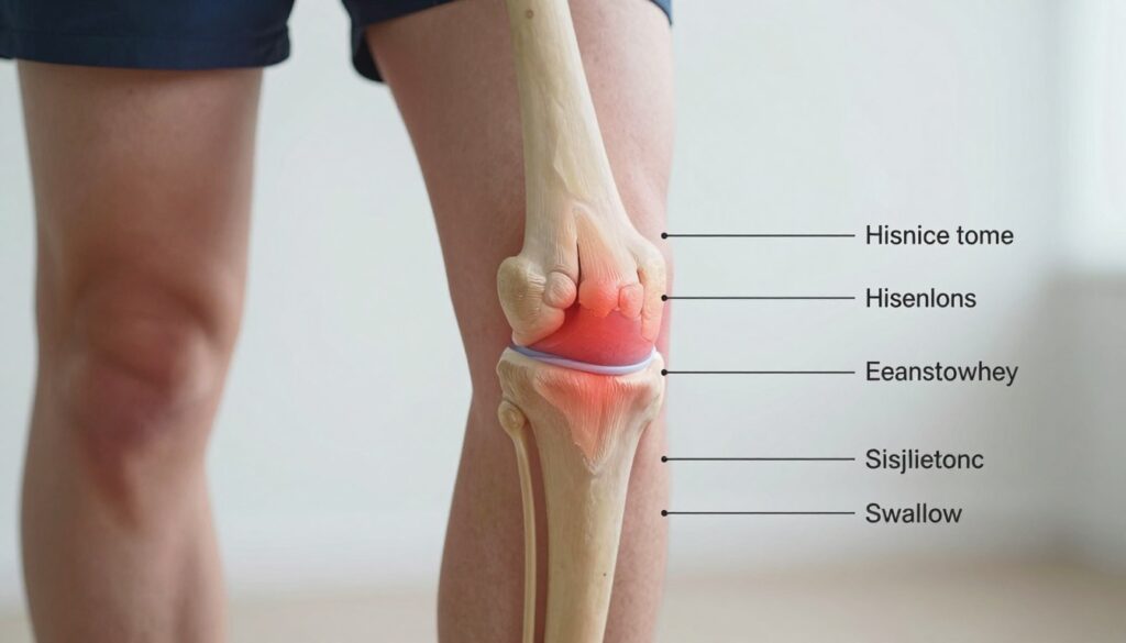 A detailed close-up of a human knee joint from an internal viewpoint, showcasing the anatomical structures affected by pain. The shin and thigh bones are connected by ligaments, with a slightly inflamed inner knee clearly visible. Surround the knee with anatomical labels and diagrams indicating common symptoms, such as swelling and redness. Use soft, directional lighting that highlights the contours of the knee while creating a clinical atmosphere. The background should be a neutral, blurred with a subtle gradient from light blue to white, enhancing focus on the knee. The image should evoke a sense of professionalism and clarity, perfect for medical illustration.