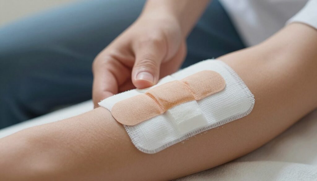 A detailed close-up of a sterile wound dressing being applied to a healing surgical site on a forearm, emphasizing the layers of the dressing including gauze, adhesive, and padding. Soft, natural lighting illuminates the scene, highlighting the texture of the materials and the care in application. The background is softly blurred to maintain focus on the dressing process. The arm is gently held by a professional in modest casual clothing, showcasing a careful, nurturing approach to wound care. The mood is calm and reassuring, conveying the importance of proper dressing in the healing process.