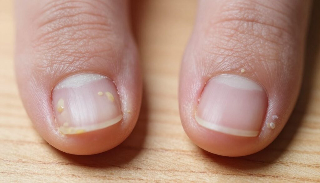 A detailed close-up of two nails on a wooden surface, showcasing the differences in fungal nail infection and other nail disorders. On the left, a nail affected by onychomycosis shows discoloration, thickening, and a crumbly texture, with a slightly yellowish hue. On the right, a nail with psoriasis is smooth but has scaly patches around the cuticle area, exhibiting a healthy pink base. Soft natural lighting enhances the textures, emphasizing the contrast between the two conditions. The background is softly blurred, focusing sharply on the nails to highlight the visual differences, creating a clinical atmosphere that is informative yet approachable.