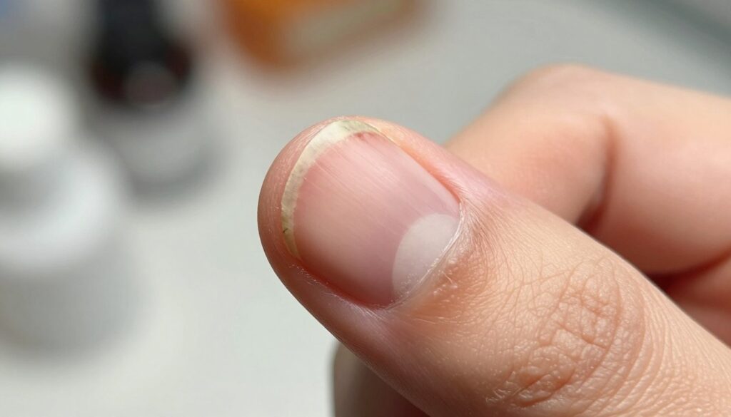 A detailed close-up view of a human fingernail exhibiting the early stages of healing after nail fungus treatment. The focus should be on the nail plate, displaying signs of regeneration, such as a healthy pink hue contrasting with remnants of discolored areas where the fungus previously thrived. The foreground should clearly show the nail in sharp detail, with a soft bokeh effect in the background that suggests a clean, sterile environment of a medical office. Warm, natural lighting should enhance the textures of the nail. The mood should be reassuring, emphasizing care and recovery. Avoid including any human subjects or additional elements that could distract from the main focus of the nail.