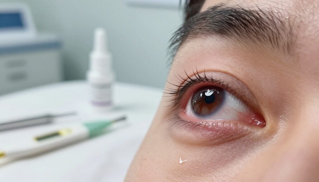 A detailed close-up view of a patient’s eye one week after strabismus surgery, focusing on visible signs indicating postoperative symptoms that require attention. In the foreground, the eye shows mild redness, slight swelling, and some bruising around the eyelids, with detailed eyelashes and reflective highlights emphasizing tears. In the middle ground, medical tools like a thermometer and an eye drop bottle lie on a clean, white surface, suggesting a clinical environment. The background features soft, diffused lighting, enhancing the overall atmosphere of care and caution. A blurred, sterile hospital room is visible, contributing to a serene yet clinical mood, highlighting the importance of monitoring postoperative recovery. The angle captures a slight tilt to emphasize the eye's condition, ensuring a clear focus on the symptoms.