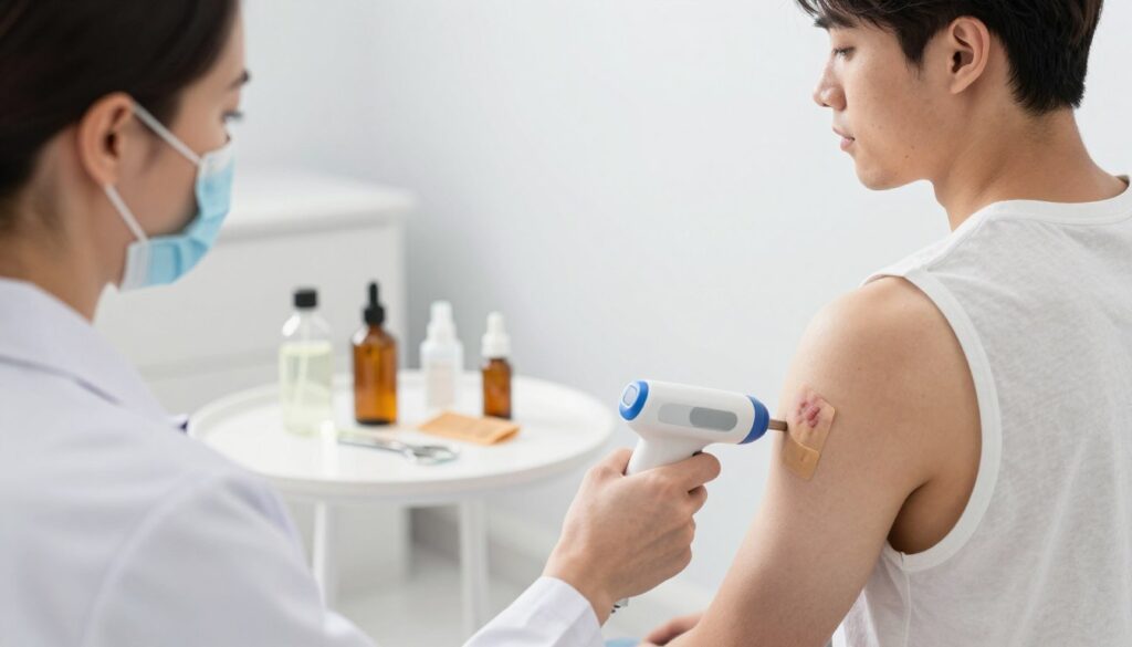 A detailed comparison scene illustrating cryotherapy versus home remedies for wart removal. In the foreground, show a professional healthcare provider in a white lab coat, demonstrating a cryotherapy device on a patient's wart, showcasing the freezing process. The patient, dressed in a modest outfit, looks calm and reassured. In the middle ground, depict a small table with various home remedy items like apple cider vinegar, duct tape, and a pair of scissors. Ensure the background features a clean, sterile clinic environment with bright, clinical lighting that emphasizes a sense of professionalism and safety. The overall atmosphere should be informative yet approachable, encouraging viewers to consider both methods effectively.