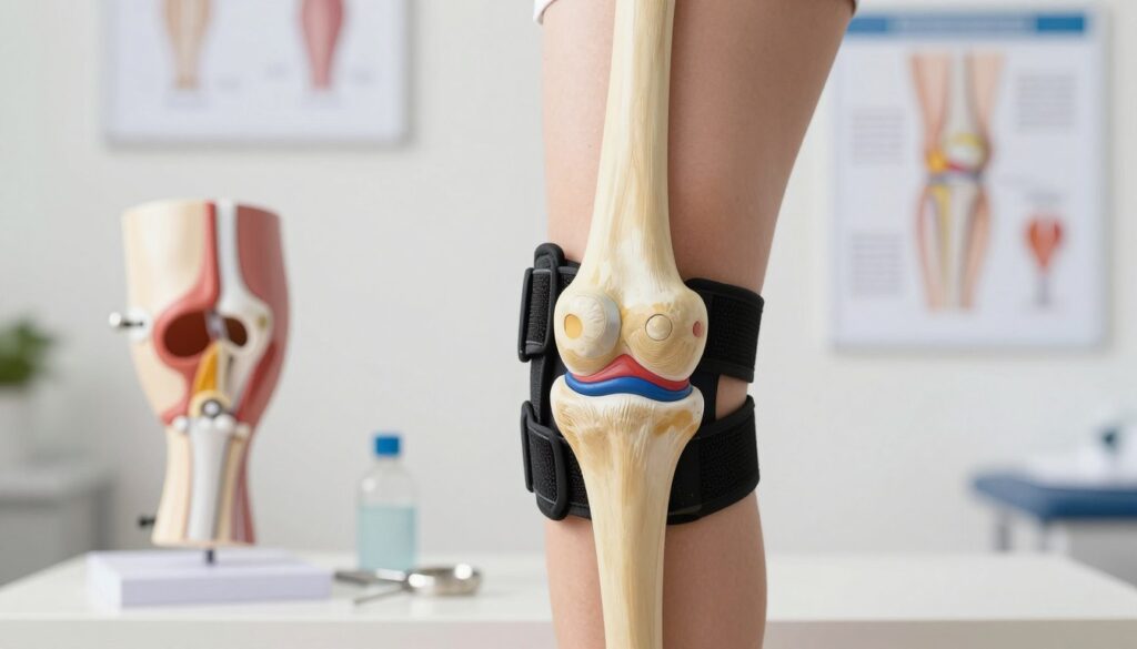 A detailed depiction of a knee joint, focusing on the anatomy and the signs of an injury. In the foreground, a medical illustration highlights the knee, showcasing ligaments, cartilage, and bone structure in vibrant colors to emphasize areas commonly affected by injuries. In the middle ground, include a subtle representation of medical tools like an anatomical model and a knee brace to suggest treatment options. The background should blend softly into a clinical setting, with blurred medical charts or posters related to knee injuries. Use soft, natural lighting to create a professional atmosphere, and aim for a slight top-down angle to provide depth and detail. The mood should be informative and educational, well-suited for a medical article.