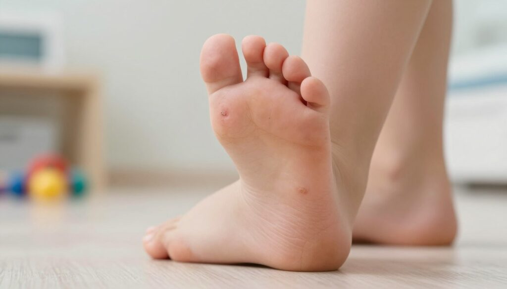 A detailed illustration depicting a close-up of a child's foot featuring a visible warty lesion caused by the HPV virus, set against a faintly blurred background of a pediatric clinic. The foreground focuses on the foot, showcasing the texture of the skin and the wart in vivid detail, while ensuring a light, neutral color palette to evoke a clinical and educational atmosphere. Soft, natural lighting highlights the contours of the foot, with a shallow depth of field to create an intimate yet informative feel. In the background, elements like a child's toy and medical equipment subtly suggest a pediatric context. The overall mood is serious yet informative, aiming to educate viewers about the importance of awareness regarding HPV infections in children.