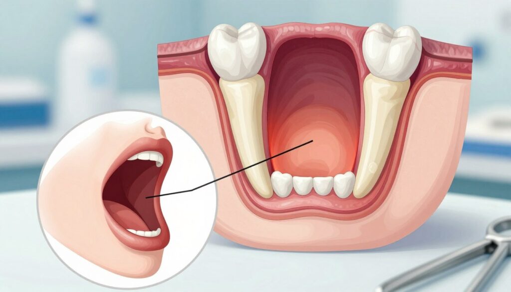 A detailed illustration depicting an anatomical view of an oral-antral fistula, emphasizing its location and structure. In the foreground, a clear, labeled diagram showing an oral cavity with an open mouth, highlighting the connection between the mouth and the maxillary sinus. The middle ground should include cross-sectional views of the facial anatomy, showcasing the surrounding tissues, teeth, and sinus cavities, with visible inflammation to suggest complications. In the background, a subtle, blurred medical environment with surgical instruments to convey a clinical atmosphere. Soft, focused lighting enhances the details, creating a professional and informative mood. The angle should be slightly tilted for a dynamic perspective, avoiding any human representation. No text or overlays in the image.