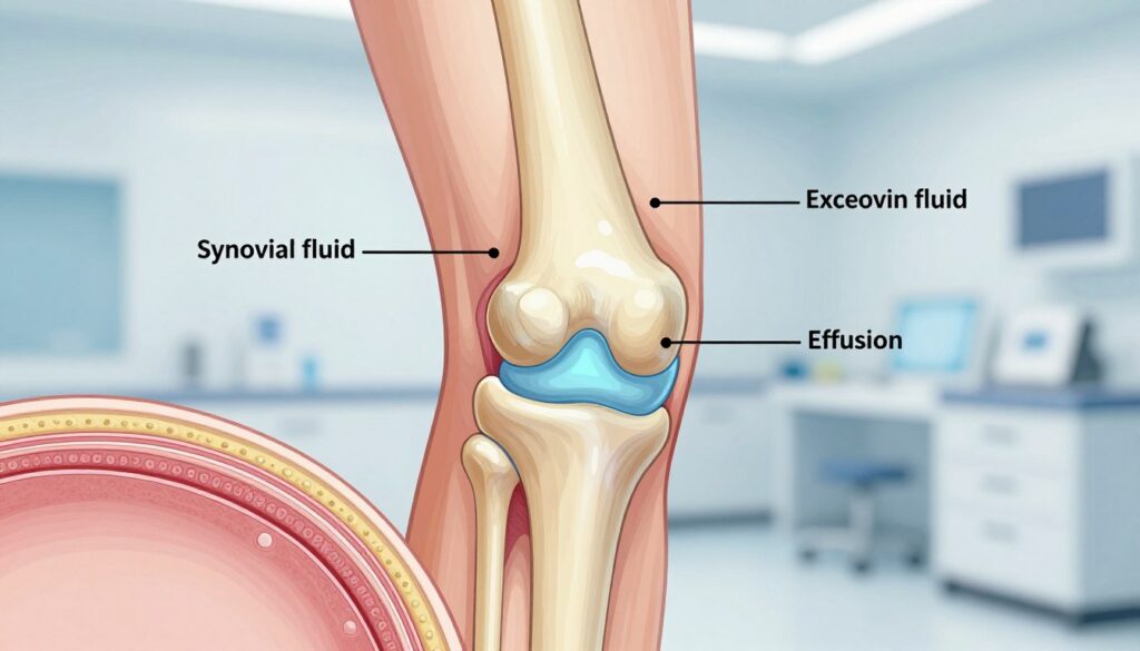 A detailed illustration depicting the causes of knee joint effusion, featuring a close-up view of a knee with subtle anatomical labels showing inflammation, excess synovial fluid, and surrounding tissue. In the foreground, illustrate a cross-section of the knee joint, highlighting key structures such as cartilage, ligaments, and synovial membrane, rendered in a medical, informative style. In the middle, show fluid accumulation in the joint cavity with a soft blue hue to represent effusion. In the background, a blurred, sterile clinical environment enhances the professional atmosphere. The lighting is bright and clinical, casting soft shadows to accentuate the anatomical details. The overall mood is educational, aimed at conveying clear and informative insights into this medical condition.