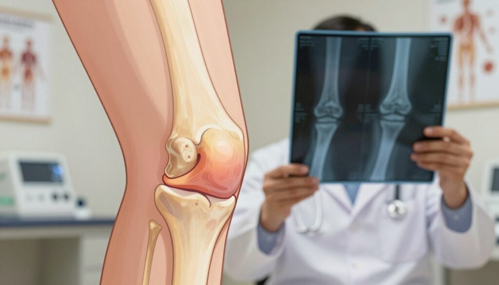 A detailed illustration depicting the symptoms of articular cartilage damage in the knee joint. In the foreground, show a stylized cross-section of a knee joint highlighting the cartilage, with subtle shading to emphasize wear and tear. Include visible inflammation and slight deformation of the cartilage surface to illustrate damage. In the middle ground, a medical professional in a white coat examines an x-ray image of the knee, showcasing abnormal joint spacing and signs of osteoarthritis. In the background, softly lit clinical environment with medical equipment and anatomical posters. Use warm lighting to create a focused yet clinical atmosphere, with a slight emphasis on the knee joint as the main subject. A detailed illustration depicting the symptoms of articular cartilage damage in the knee joint. In the foreground, show a stylized cross-section of a knee joint highlighting the cartilage, with subtle shading to emphasize wear and tear. Include visible inflammation and slight deformation of the cartilage surface to illustrate damage. In the middle ground, a medical professional in a white coat examines an x-ray image of the knee, showcasing abnormal joint spacing and signs of osteoarthritis. In the background, softly lit clinical environment with medical equipment and anatomical posters. Use warm lighting to create a focused yet clinical atmosphere, with a slight emphasis on the knee joint as the main subject.