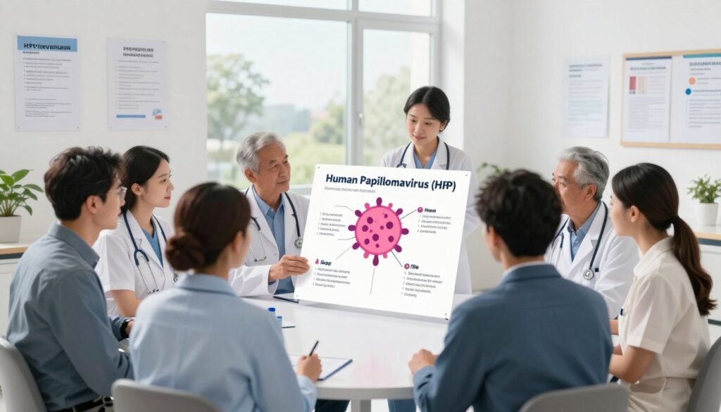 A detailed illustration focused on the prevention of human papillomavirus (HPV) infections, featuring a professional healthcare setting. In the foreground, a diverse group of healthcare professionals, dressed in smart business attire, engage in a discussion around a clear, informative diagram of HPV. The middle ground features a modern consultation room with medical charts and literature on HPV prevention and treatments. In the background, a light-filled window displays a serene outdoor landscape, symbolizing health and well-being. The lighting is bright and welcoming, creating an optimistic atmosphere. The composition is clean and organized to emphasize the importance of preventative measures against HPV. The overall tone is professional and informative, aimed at raising awareness about HPV prevention without any text or distractions.