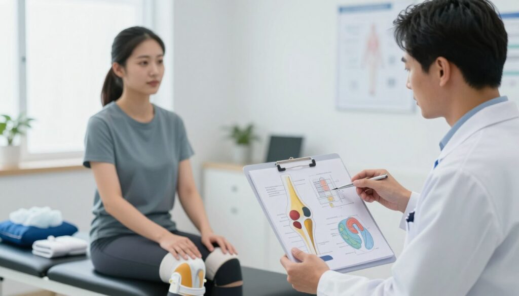A detailed illustration focusing on conservative treatment methods for meniscus injuries in the knee. In the foreground, a healthcare professional in a lab coat explains treatment techniques, showing visual aids like an anatomical knee model and diagrams, conveying a sense of expertise and care. In the middle ground, a patient sits on an examination table, looking attentive, with supportive medical equipment like ice packs and braces nearby. The background features a modern clinic environment with bright, professional lighting, creating a sterile yet welcoming atmosphere. Use a shallow depth of field to emphasize the interaction between the doctor and the patient, while the rest softly blurs. The overall mood is one of hope and reassurance, highlighting effective non-surgical treatment options for knee injuries.