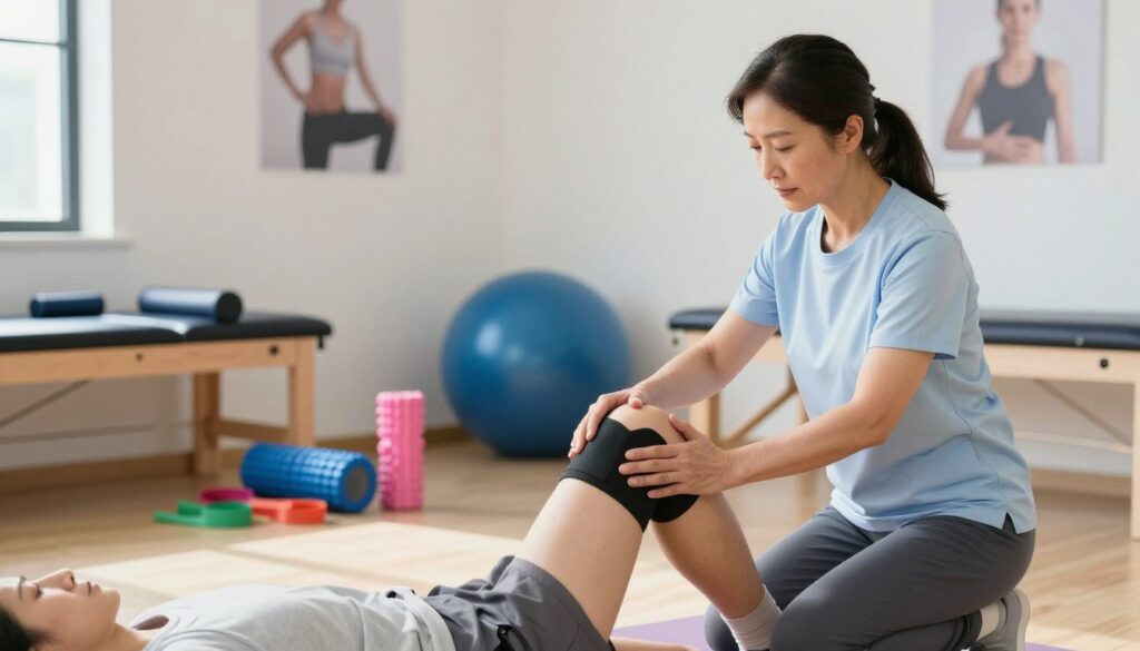 A detailed illustration focusing on effective methods for treating jumper's knee. In the foreground, a physiotherapist demonstrates exercises with a patient, both wearing modest sports attire. The physiotherapist, a middle-aged Asian woman, emphasizes techniques for strengthening the knee, showcasing attentive posture and clear instruction. In the middle ground, a variety of rehabilitation equipment such as resistance bands and foam rollers are arranged neatly. Bright, professional lighting casts soft shadows, enhancing the focus on the therapist's guidance. In the background, a gym-like setting with motivational images related to physical therapy and rehabilitation. The atmosphere is motivating and empowering, highlighting the journey to recovery from knee injuries.